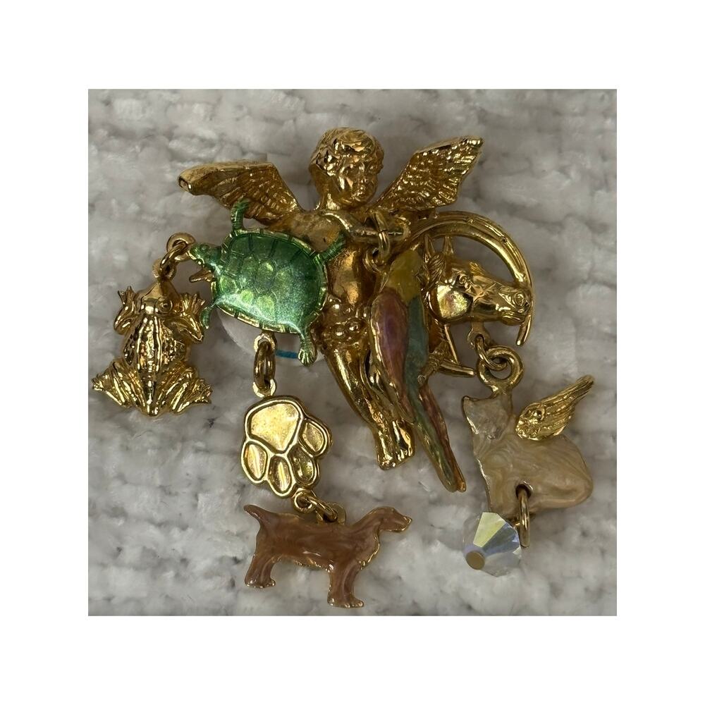 Kirks Folly Gold Tone Cherub Pet Animals Dangle Brooch #61369 - Picture 3 of 6